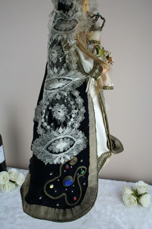 Rare Antique 1880 French crown Wax Madonna statue child cape stones religious