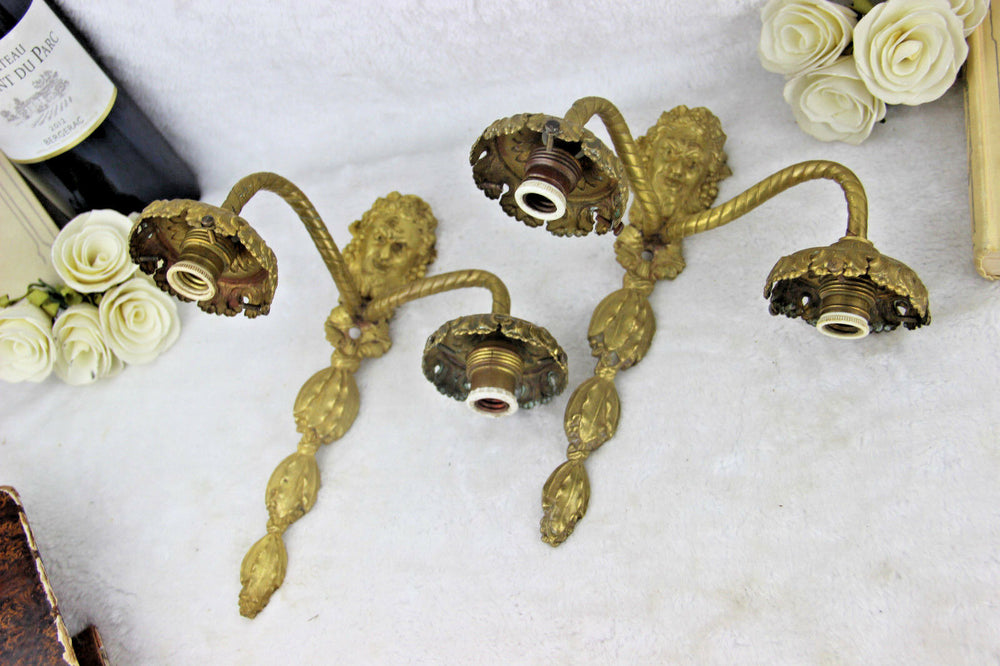 PAIR french brass Devil faun satyr head portrait sconces wall lights 1950's