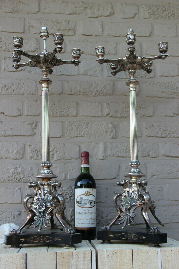 XL PAIR antique French Bronze silver pl  dragon gothic Castle candelabras lamp