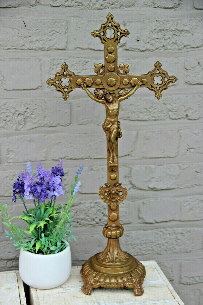 Large Antique French religious bronze crucifix cross putti neo gothic church