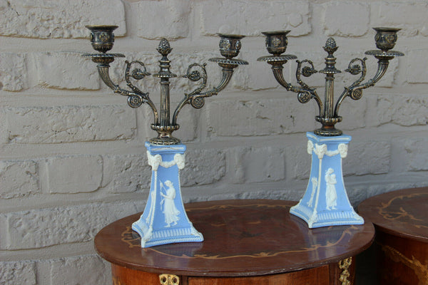 Antique PAIR Wedgwood angel putti ram heads porcelain candle holders