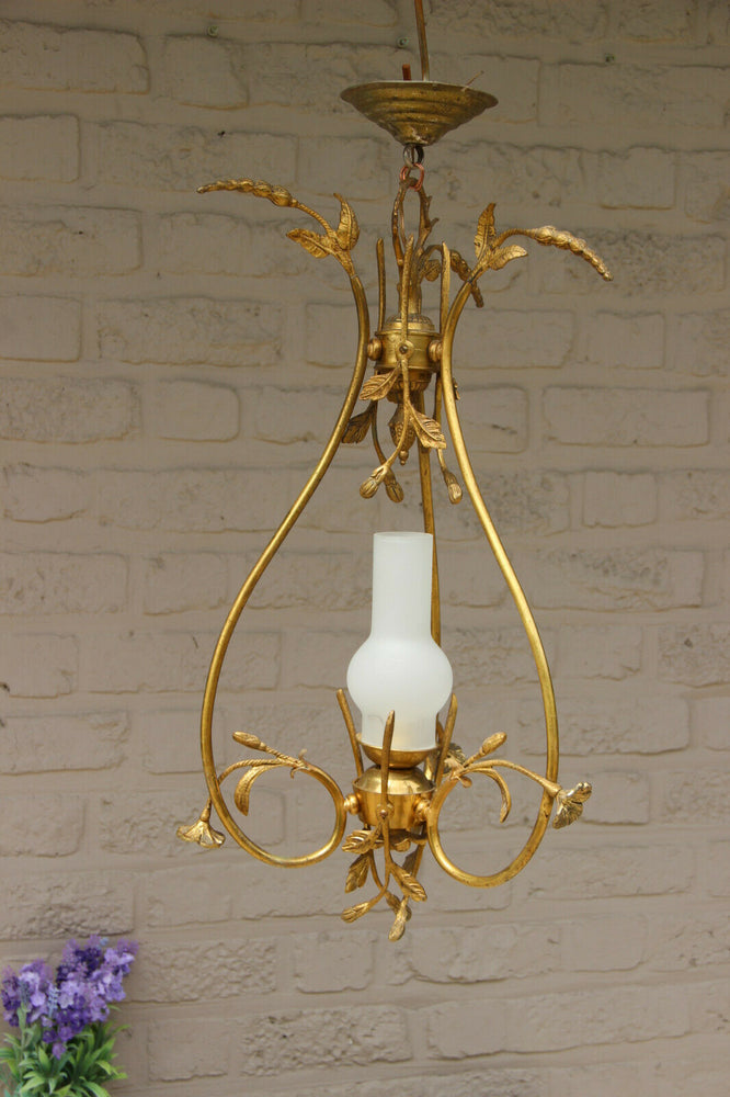 French Brass opaline glass Chandelier pendant lamp floral decor 1950