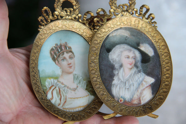 Antique PAIR French miniature paint portraits lady josephine napoleon louis XVI