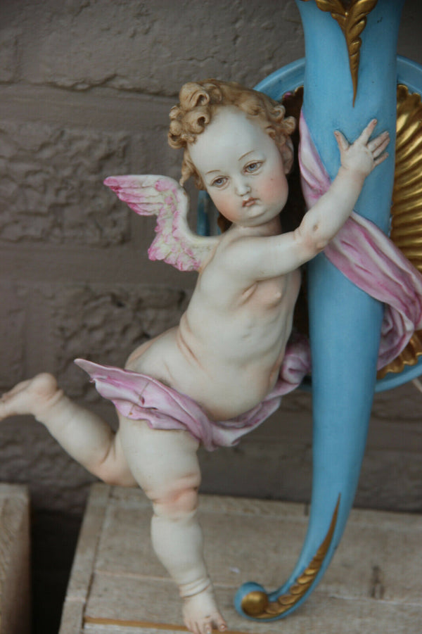 PAIR antique  capodimonte porcelain marked putti angel Sconces wall lights rare