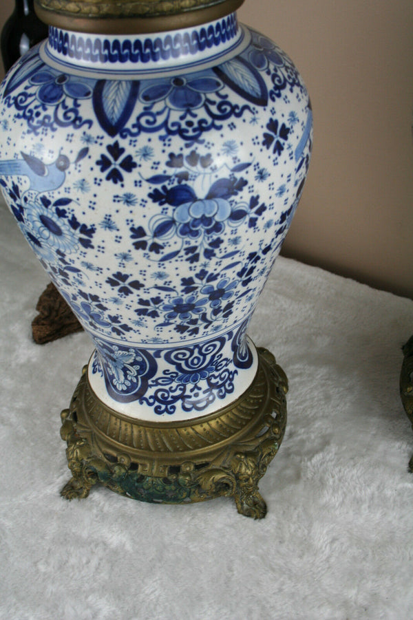 PAIR 1900 Delft Boch pottery Vases with birds bronze frames satyr devil heads