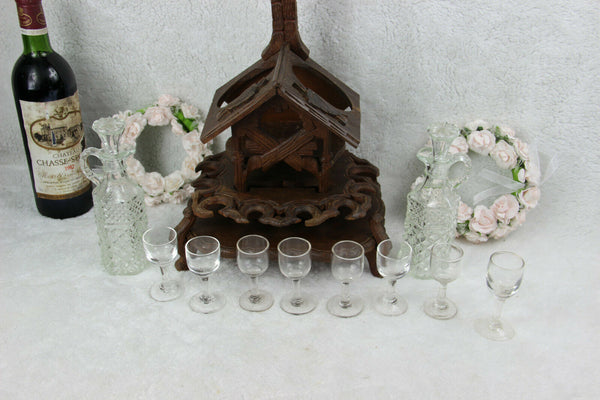 Antique BLACK Forest wood carved bar  cave cabinet swiss caraf shot glass