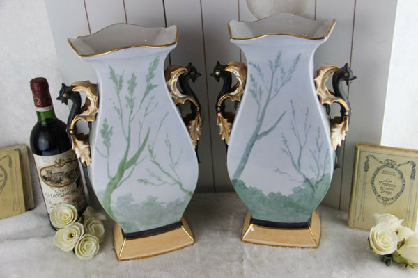 Antique PAIR XL Vieux paris porcelain Dragon gothic Floral Vases rare 1900