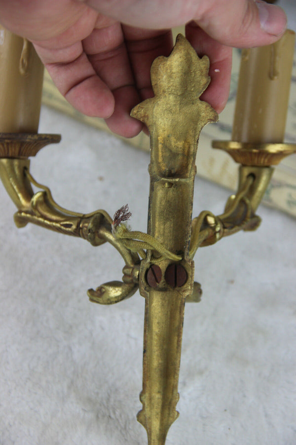 PAIR french empire Brass metal swan arms wall lights sconces 1950's