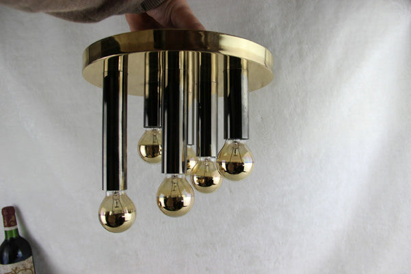 Mid century Gold chandelier pendant sciolari for Boulanger 6 tubes 1970's