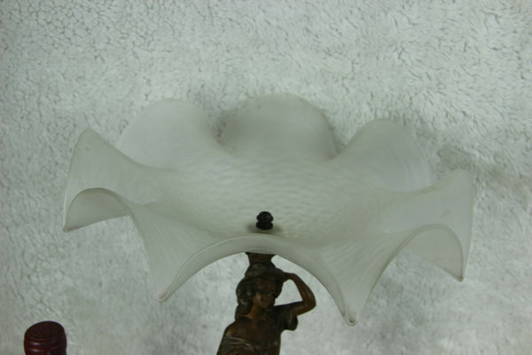 Antique French art nouveau spelter lady figurine glass bowl centerpiece dragons