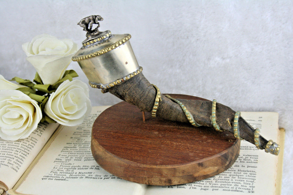 VTG French Mid-century 60's Desk paperweight hunting dog silver pl horn wood