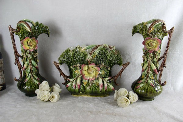 Huge Antique 1900 art nouveau barbotine MAjolica Vases planter set relief floral