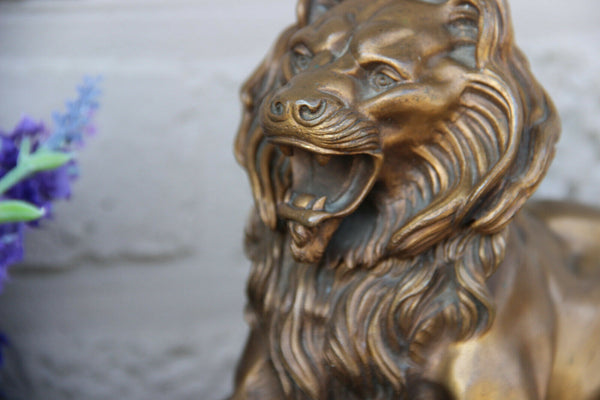 Antique Rare French bronze lion marble base inkwell desk