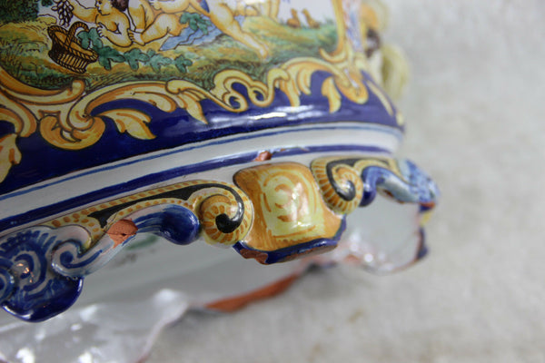 Gorgeous antique FRENCH MONTAGNON faience de nevers Planter jardiniere putti