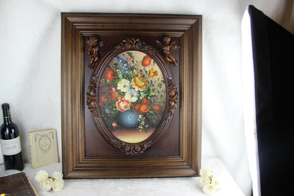 Gorgeous 1970 Flemish oil canvas maroufle painting putti cherubs frame wood