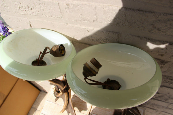 PAIR vintage 1970 hunt cabin Deer antler Sconces wall lights opaline shades