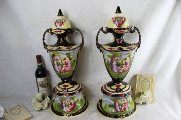 PAIR HUGE England Faience Romantic victorian Lidded VASES putti