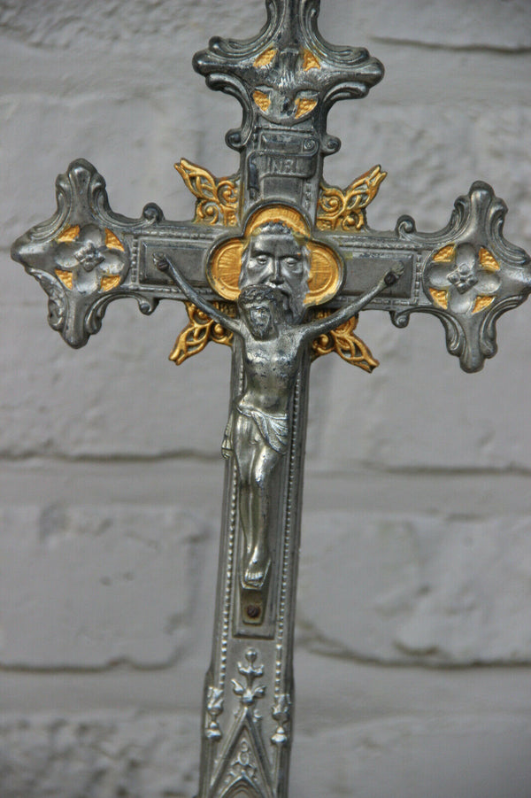Antique French religious spelter crucifix cross 4 evangelists base symbols