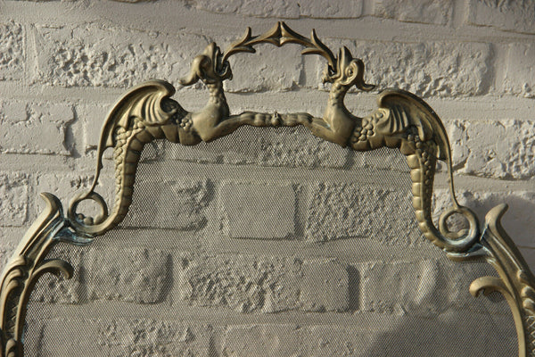 Antique French bronze metal gothic castle dragons fireplace screen
