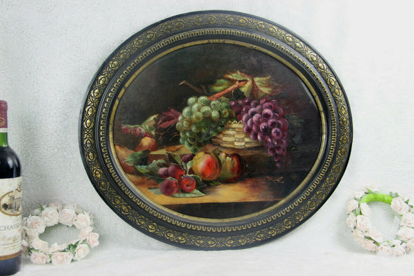 French antique oil cardboard oval still life Flowers fruits painting