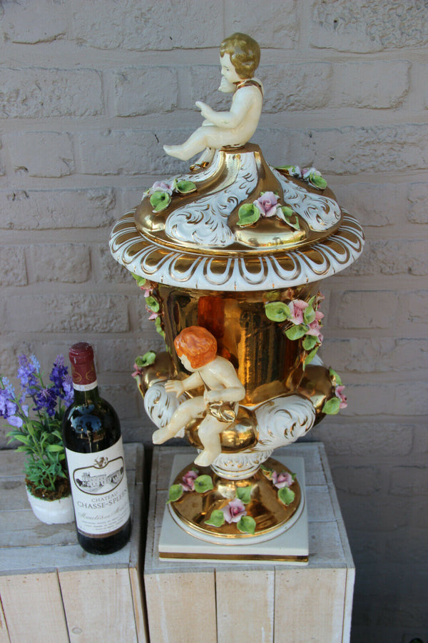 XXL Italian capodimonte porcelain vase Putti angels majolica floral decor lidded