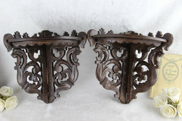 Antique pair German Black forest wood carved Dragon gothic wall consoles rare