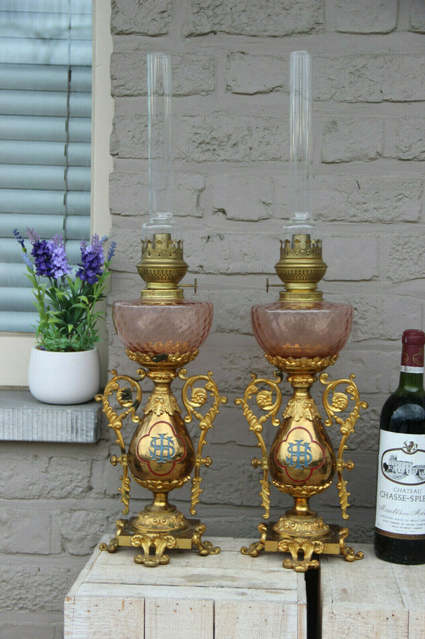 Rare Antique bronze French Church altar PAIR oil Lamps enamel decor religious
