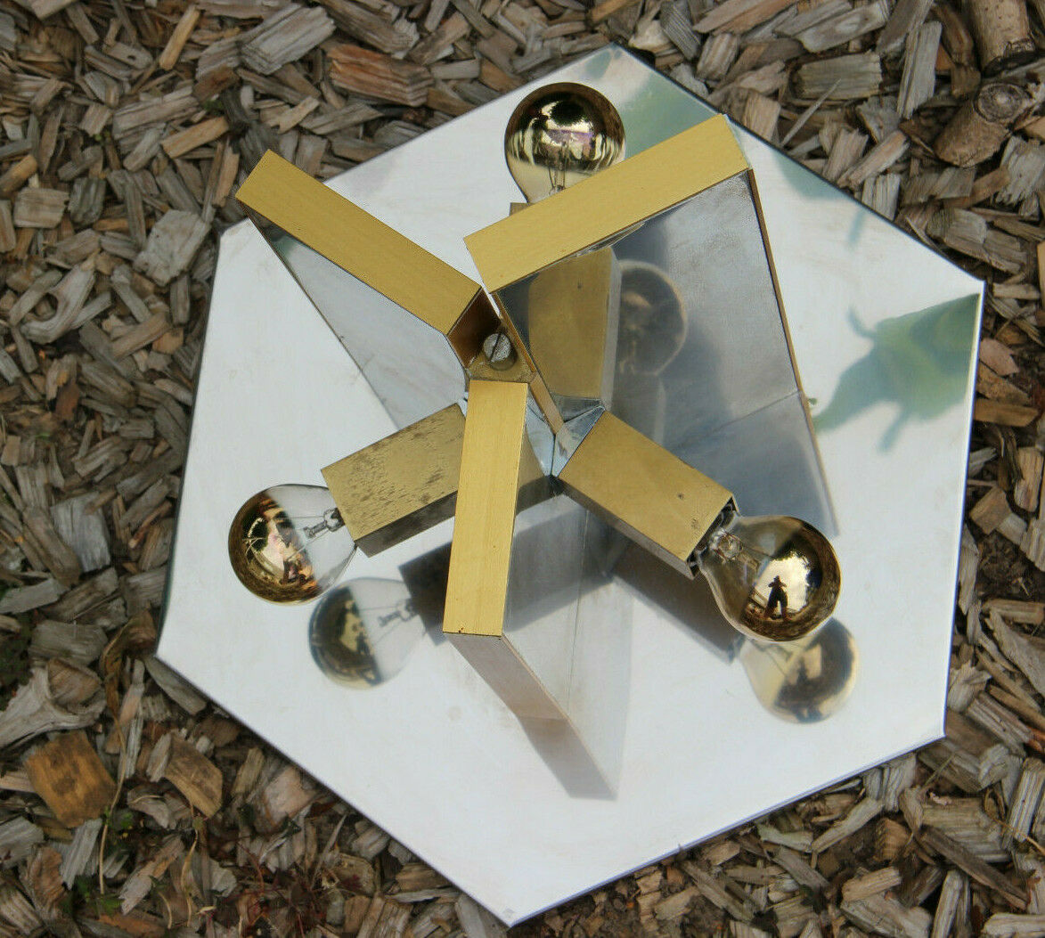 Mid century SCIOLARI marked flush mount lamp chandelier mirrored metal 1960 n2