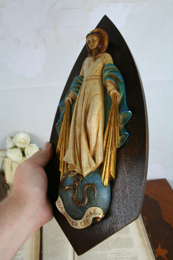 French Ceramic 1930 Madonna relief wall plaque polychrome painted rare special