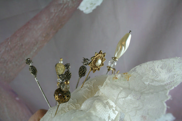 Antique Hat Pin Cushion or Pillow, Satin with Lace Overlay circa 12 pins