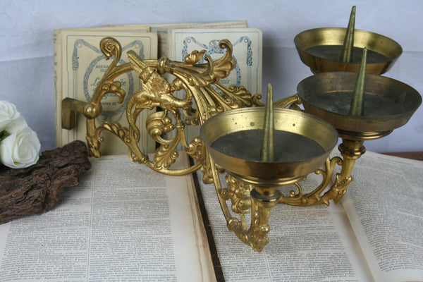 19th c French GOTHIC DRAGONS Chimaera XL Church candle holders sconce 3 arms