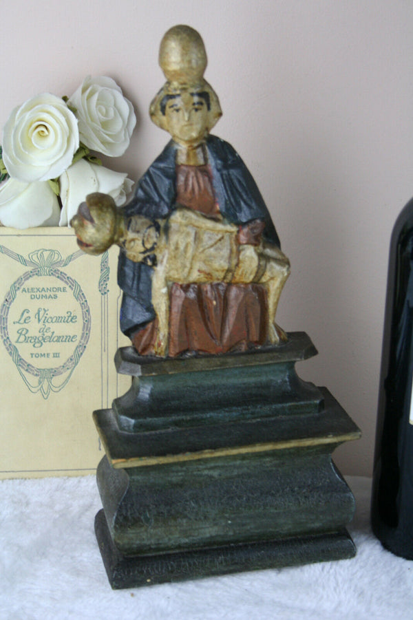 Antique Religious 19thc European pieta wood carved polychrome rest Rare piece