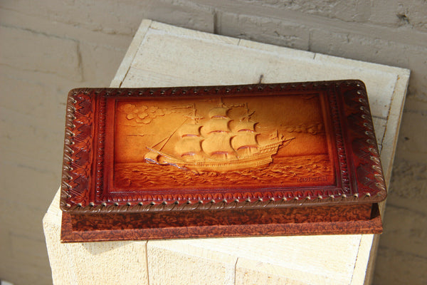 Vintage French leather wood Gloves Box maritime boat scene signed 1950