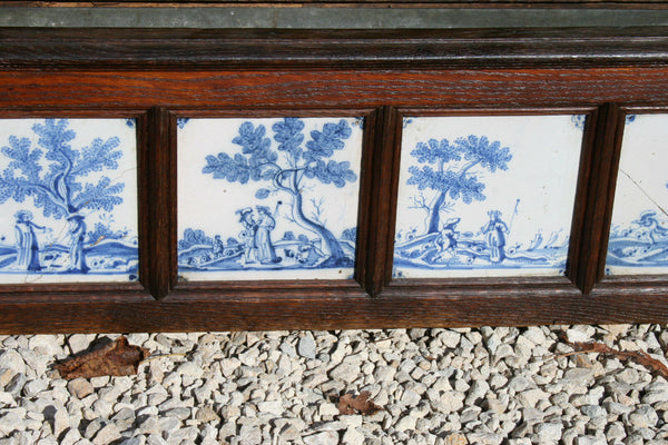 XXL unusual Antique 19thc Blue white DELFT pottery tiles Wood oak planter