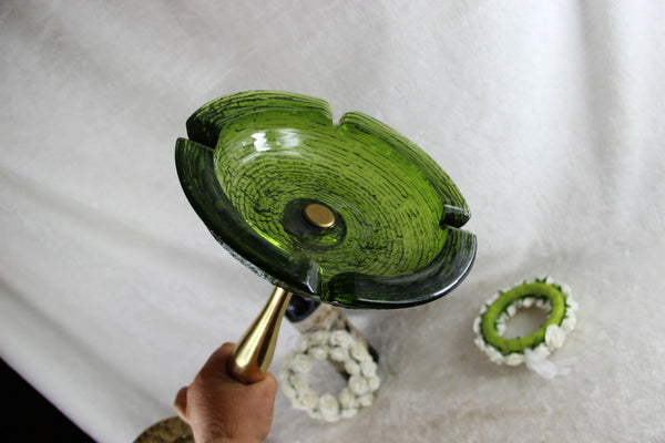French vintage mid century brass dolphin empire fish ashtray stand green glass