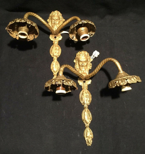 PAIR french brass Devil faun satyr head portrait sconces wall lights 1950's