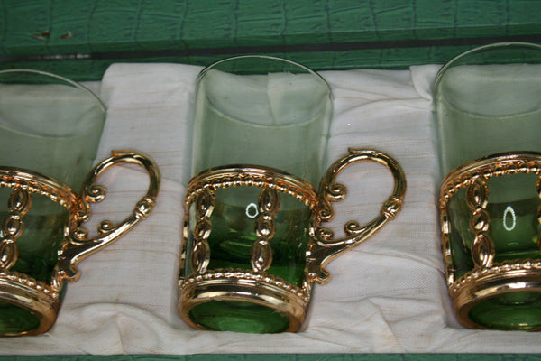 Set of 6 Vintage Green glass brass liquor Glasses set in original Box Czech 1960