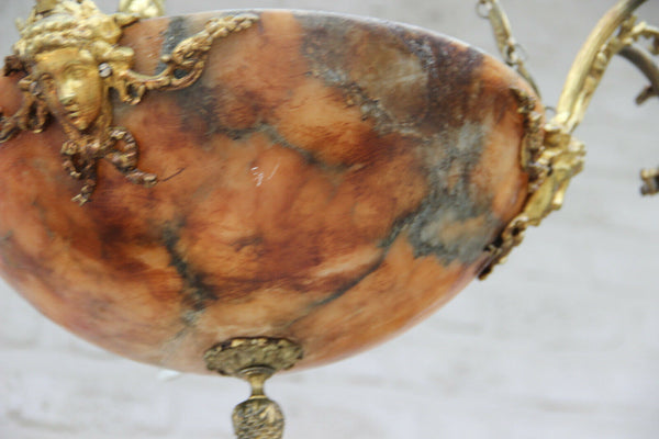 Gorgeous French amber alabaster bowl coupe caryatid heads chandelier lamp