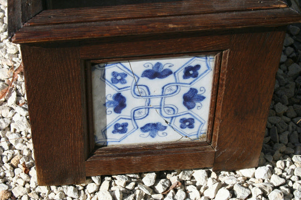 XXL unusual Antique 19thc Blue white DELFT pottery tiles Wood oak planter