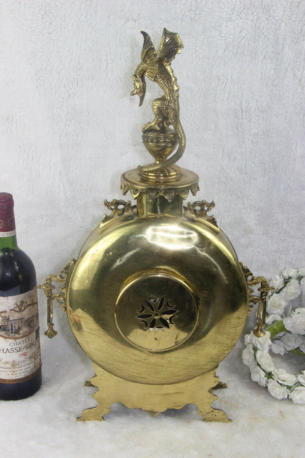 Antique french copper mantel clock gothic dragon chimaera crawling top