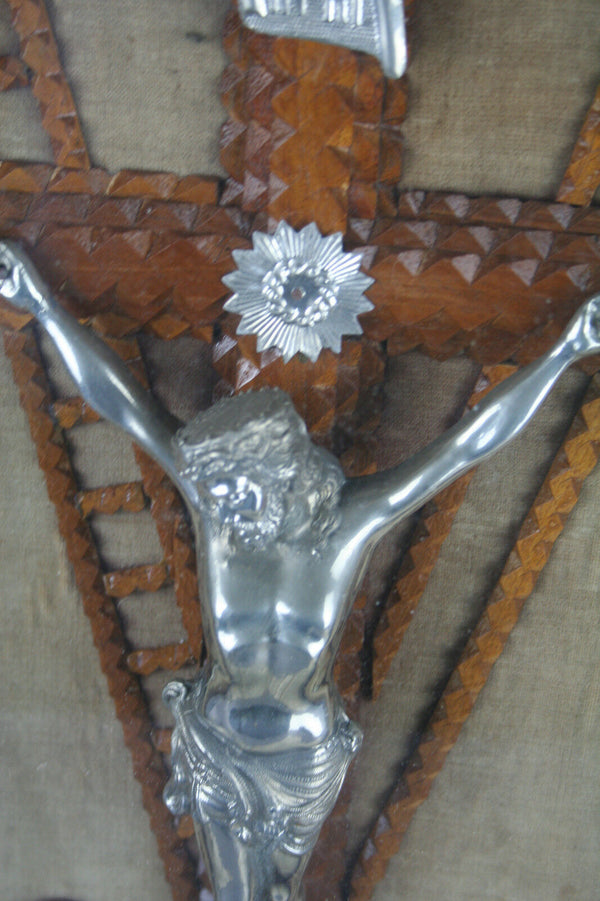 Large religious Crucifix tramp art wood carved Wall framed behind glass christ