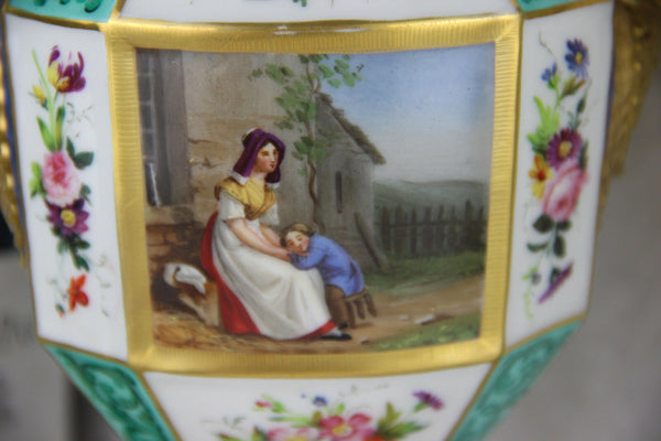 RARE PAIR antique 19thc Vieux paris porcelain scenes floral  Vases swan handles