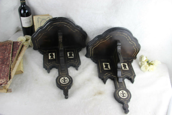 RARE PAIR french napoleon III wood carved inlaid figurines wall consoles shelf