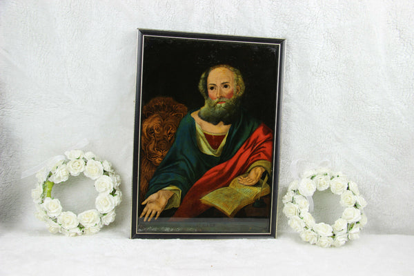 Antique 1880 religious Eglomise reversed mirror painting evangelist Mark Marcus