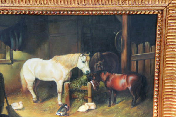 Vintage flemish oil panel painting horses duck farm scene equestrian