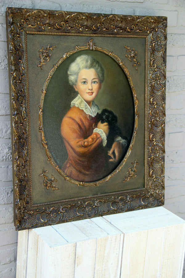 Top Antique French 1900 Oil Canvas painting child with dog portrait signed