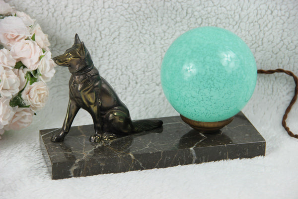 ART Deco German dog 1930 spelter bronze marble lamp signed