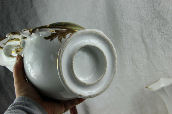 PAIR XL top antique 19thc Vieux old paris romantic lady child dog scene Vases