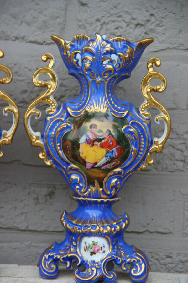 PAIR antique French vieux paris porcelain hand paint romantic victorian scene