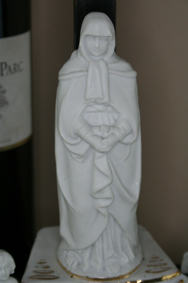 French antique Religious Bisque porcelain holy water font crucifix angels putti
